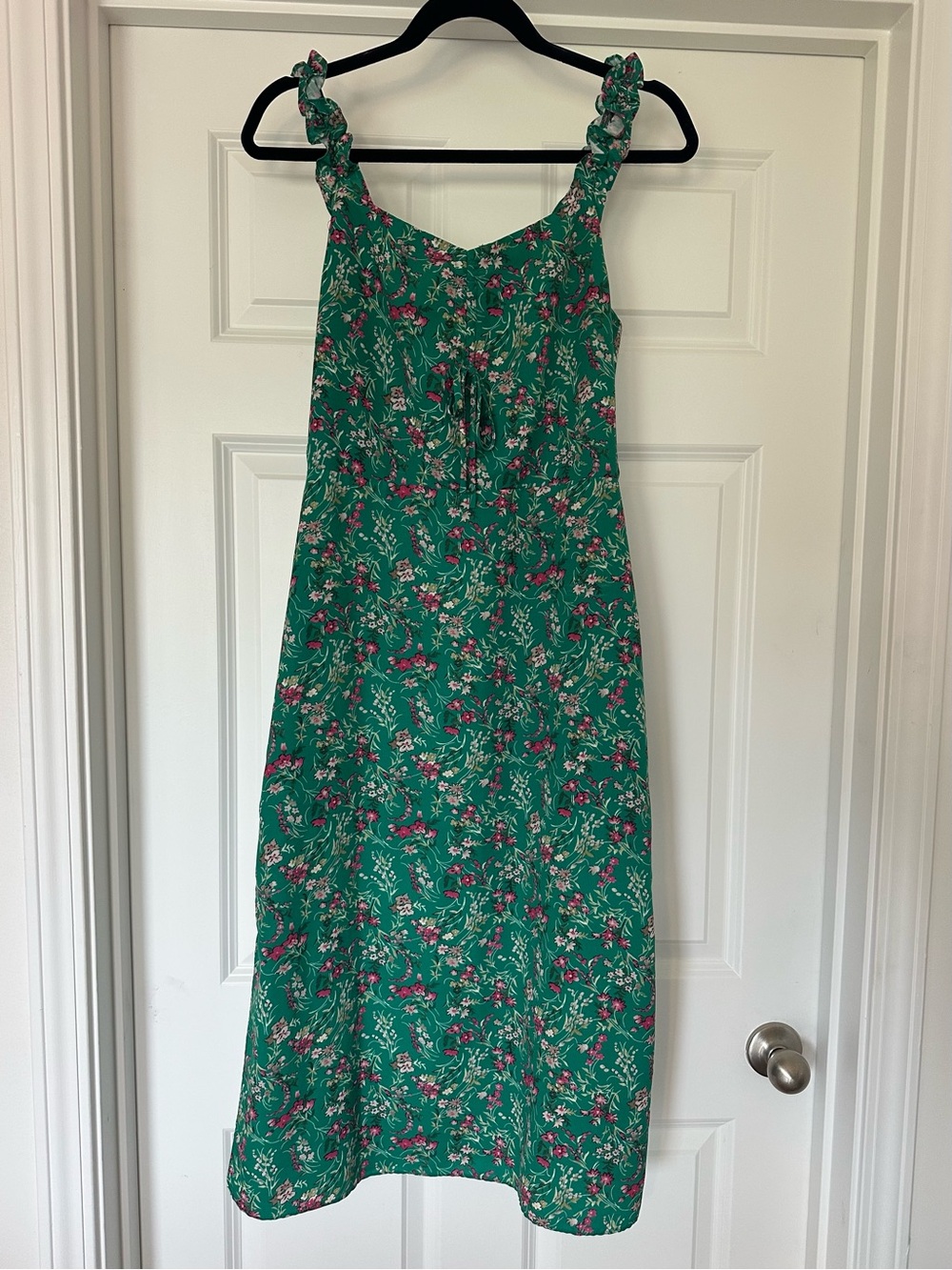 Lucy Paris Green Floral Midi Dress with Pink Accents S